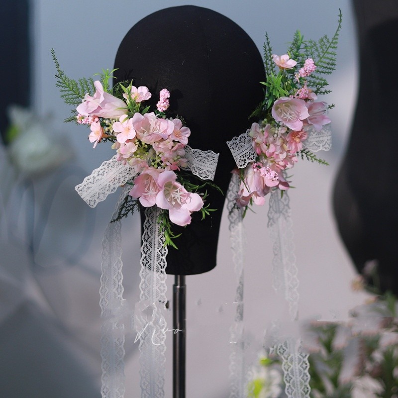 1 คู่ใหม่โรแมนติกป่าสีชมพู Lily งานแต่งงาน headwear