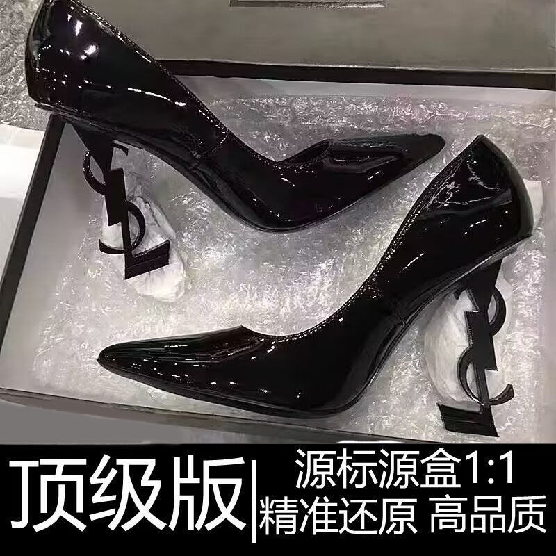 รองเท้า YSL 2024 รุ่นสั่งทำ 1:1 แบรนด์ใหม่ YSL Yang Shulin ตัวอักษรปลายแหลม รองเท้าเดี่ยวหรูหรา หนัง