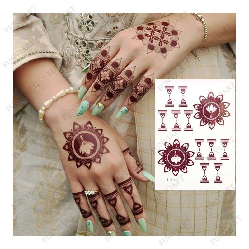 สติ๊กเกอร์รอยสักสีน้ําตาลเฮนน่าสําหรับมือ Mehndi Henna รอยสักชั่วคราว Body Art Tattoo กันน้ําสําหรับผู้หญิงปลอม Tattoo Hena Design