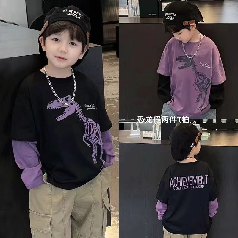 ลายไดโนเสาร์หล่อ เสื้อยืดแขนยาวผ้าฝ้ายสำหรับเด็ก สไตล์แฟชั่น สบาย ระบายอากาศ เหมาะสำหรับเด็กอายุ 1-3, 4-6, 7-9 ปี