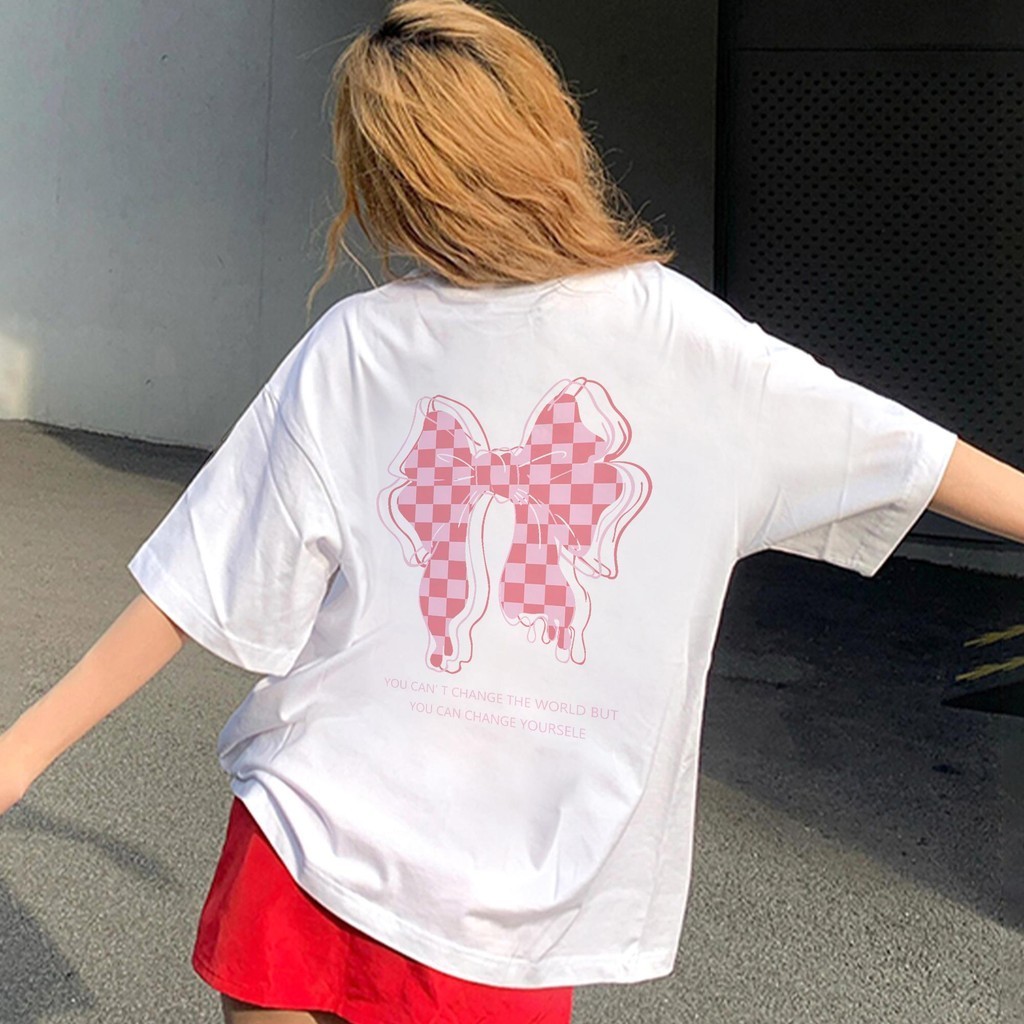 Basi💖เสื้อยืดผู้หญิง คอกลมแขนสั้น แบบหลวม ลายโบว์สวยๆENJOYABLE ผ้าฝ้ายนิ่มใส่สบาย ไม่ย้วย สาวอวบ 3xl