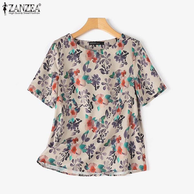 Zanzea เสื้อเบลาส์ลําลอง แขนสั้น คอกลม ลายดอกไม้ สไตล์เกาหลี สําหรับผู้หญิง
