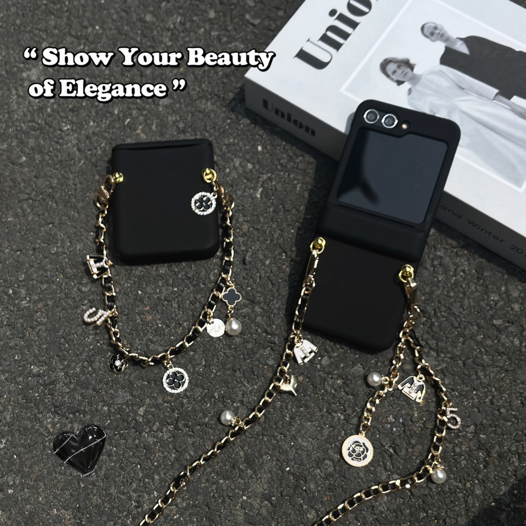 Flip7 Z Flip6 Samsung Galaxy Z Flip5 card Case แฟชั่น camellia พร้อมสายโซ่ยาว Samsung Galaxy Z Flip 3 Flip 4 5G hard กันกระแทกโทรศัพท์ความคิดสร้างสรรค์กรณีฝาครอบ