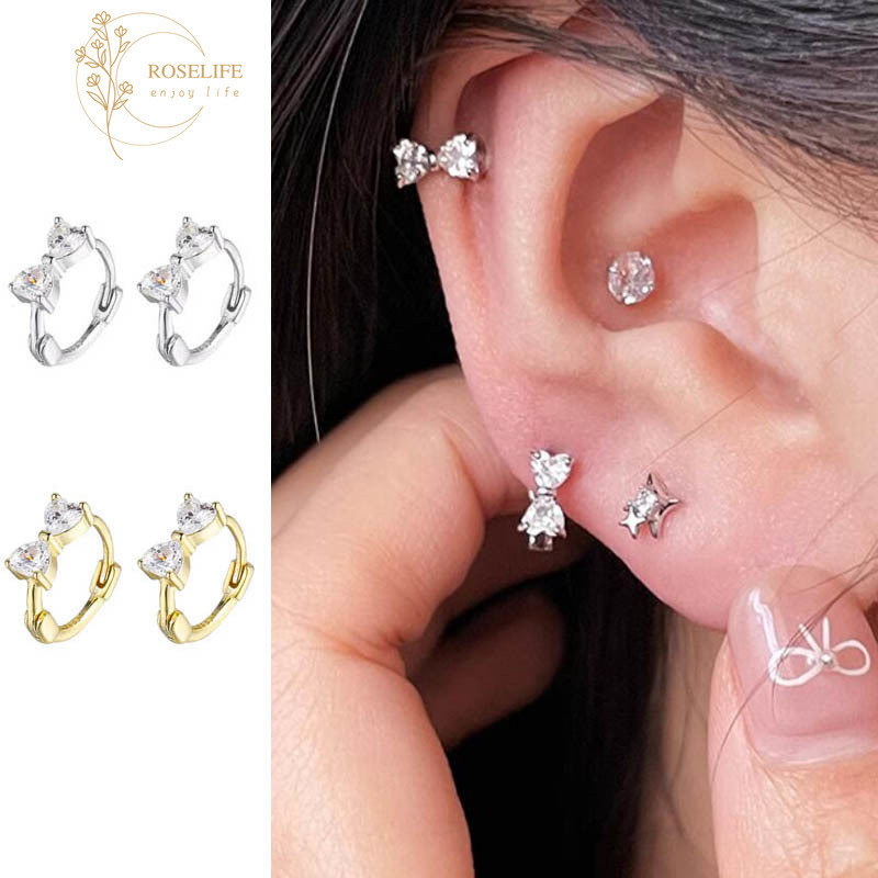 Roselife ต่างหูห่วง เงิน S925 ประดับโบว์คริสตัล สวยหรู สไตล์เกาหลี เครื่องประดับ สําหรับผู้หญิง งานหมั้น ปาร์ตี้