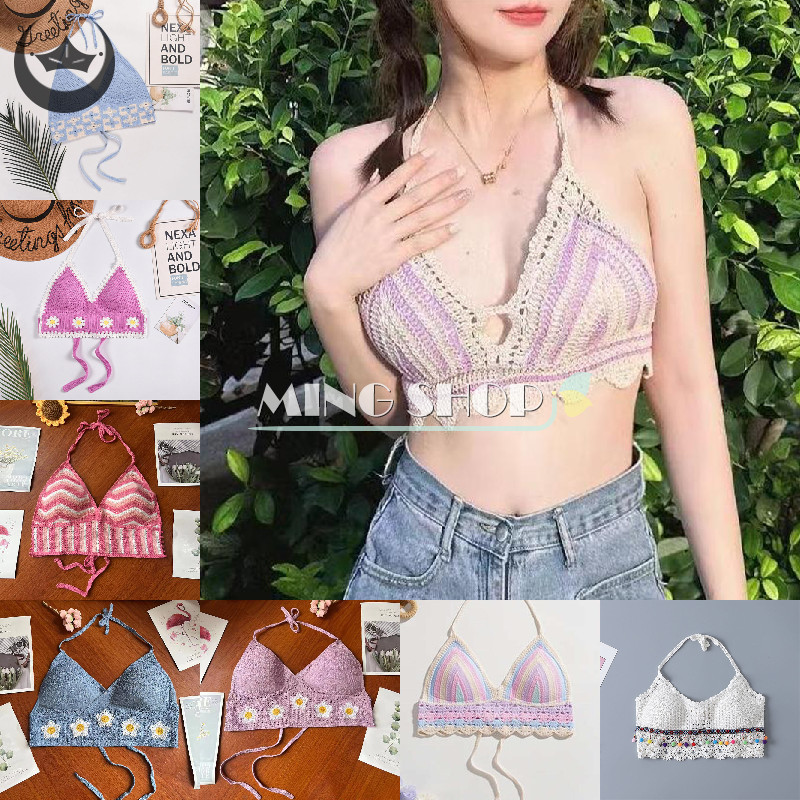 Ming ฤดูร ้ อนโบฮีเมียเย ็ บปักถักร ้ อย Halter Camisole ผู ้ หญิงเซ ็ กซี ่ Hollow Out ถัก Top TH