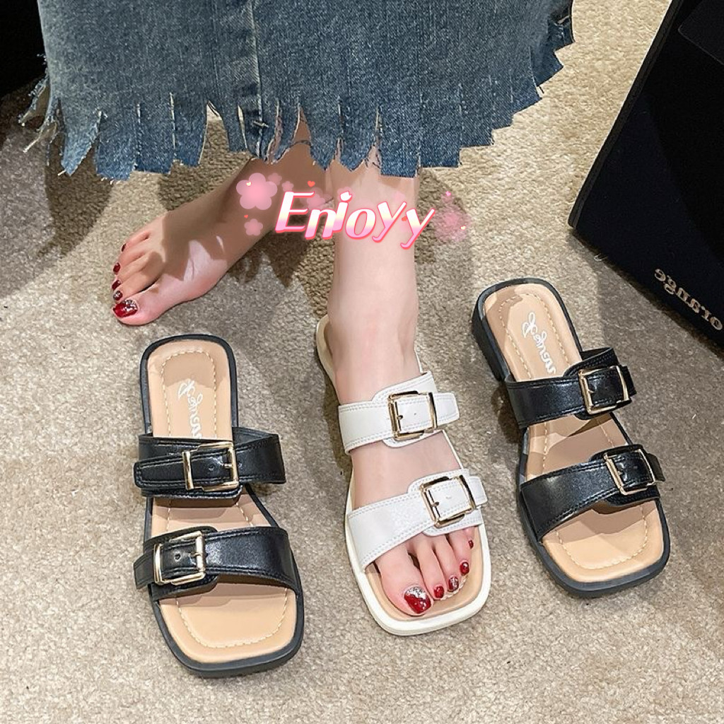🍓EnJoy🍓 พร้อมส่ง (LT-NUM) (ไม่สามารถปรับสายได้)รองเท้าแตะแบบสวม ส้นแบนใส่สบาย มีสไตล์ มาแรง 2024