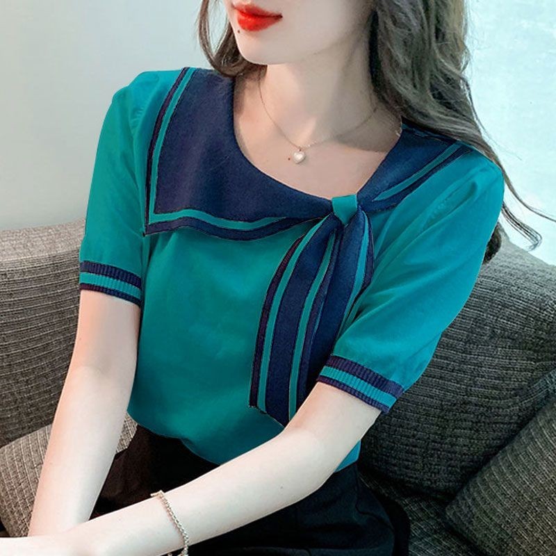 ผ้าไหมน้ําแข็งแขนสั้นเสื้อยืดผู้หญิง 2024 สไตล์ใหม่ฤดูร้อนผู้หญิงแฟชั่นสไตล์ตะวันตกลดอายุกองทัพเรือคอปกด้านบนเสื้อผ้า