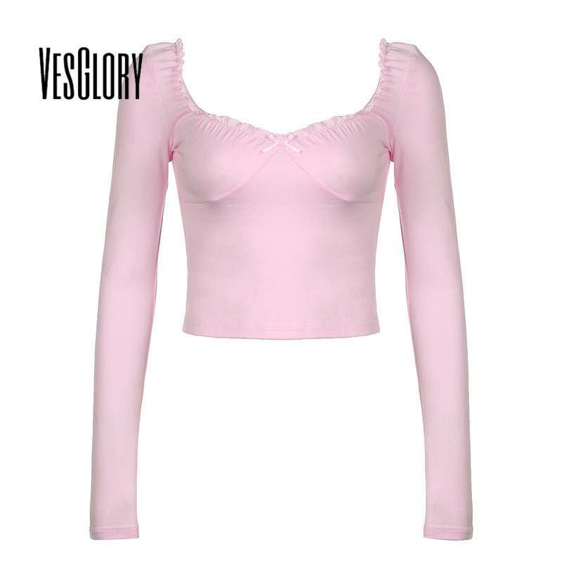 Vesglory ใหม่ เสื้อยืด คอยู แขนยาว สีพื้น เข้ารูป และบาง แฟชั่นสําหรับผู้หญิง 2024