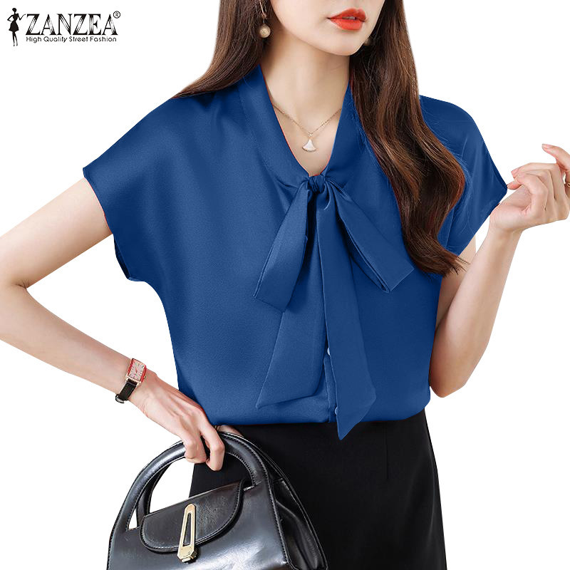 Zanzea ผู ้ หญิงแฟชั ่ นแขนสั ้ นลูกไม ้ ขึ ้ นสีทึบเสื ้ อคอวี