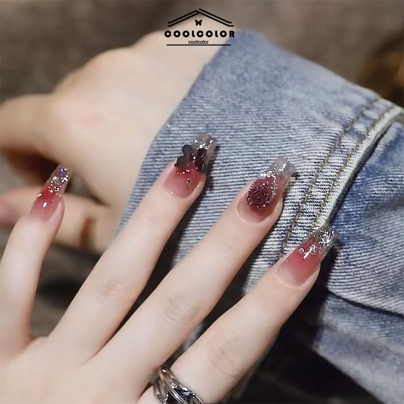 ในไทย💖เล็บปลอมทรงสี่เหลี่ยมสีพื้นมุกผีเสื้อฝังเพชรมีกาวระดับไฮเอนด์แฟชั่นสําหรับผู้หญิงนำกลับมาใช้ซ้ำได้ ชุด 24 ชิ้น - รูปที่ 5