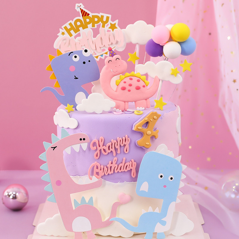 เค้กวันเกิดของเด็กผู้หญิงตกแต่งไดโนเสาร์สีชมพูปลั๊กอินการ์ตูนน่ารักทารกตกแต่งปลั๊กอิน
