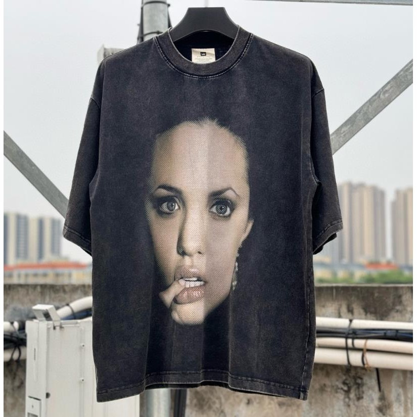 * * คุณภาพสูง * * Angelina Jolie Angelina Jolie Portrait Print Retro Washed Distressed เสื ้ อยืดแขนสั ้ น