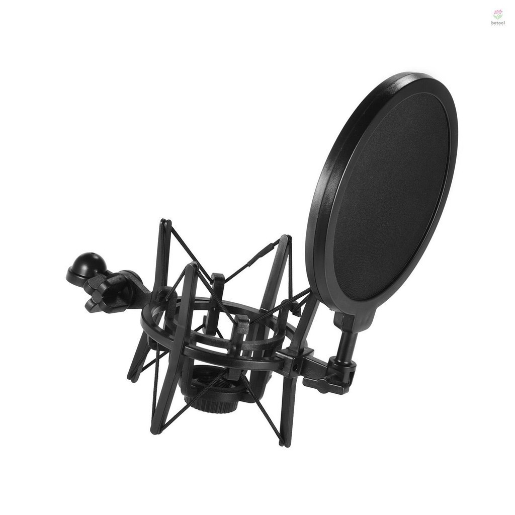 Univerdal พลาสติกคอนเดนเซอร์ไมโครโฟน Mic Shock Mount Holder Bracket Anti-vibration พร้อม Pop Filter สําหรับ On-line Broadcasting Studio Music Recording