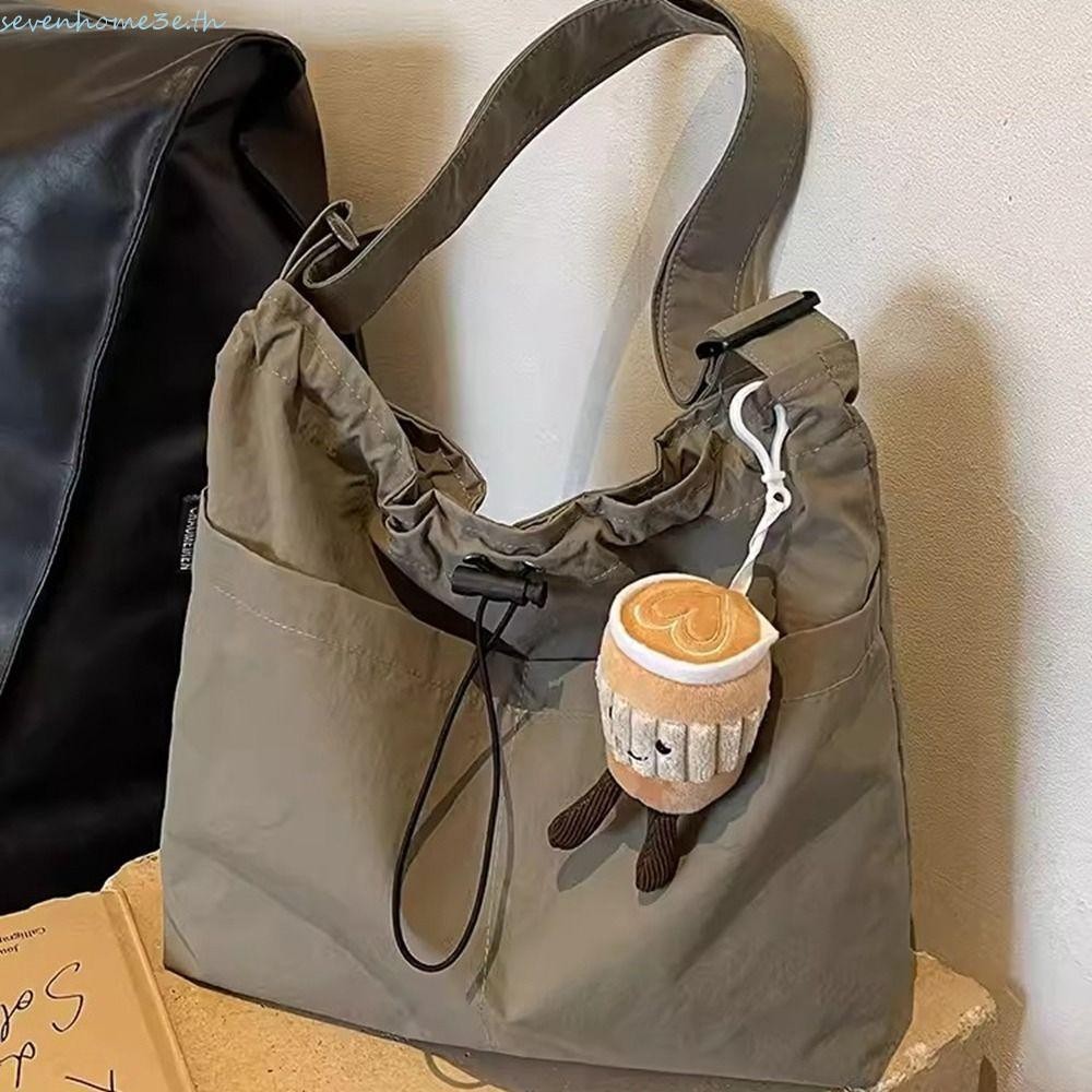Sevenhome3e Drawstring Bucket Bag, กระเป๋าสะพายข้างสไตล์เกาหลี กระเป๋าสะพายไนลอน, กระเป๋าโท้ทความจุขนาดใหญ่น่ารัก สีทึบ พนักงานออฟฟิศ