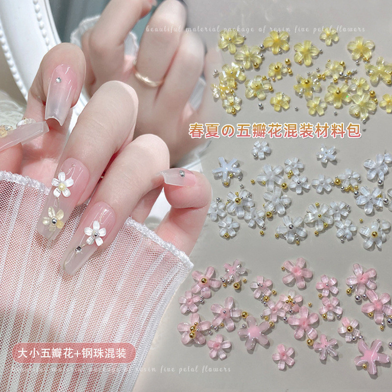 ปีเตอร์ดอกไม้เล็บเครื่องประดับผสมวัสดุแพ็คน้ําแข็งใหม่ -สีขาวสีชมพูดอกไม้เรซิ่นเพชร