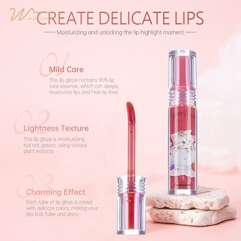 [Windind]Cappuvini ลิปกลอสเนื้อกระจก ให้ความชุ่มชื้น ติดทนนาน สีง่าย สีนู้ด ธรรมชาติ สไตล์เกาหลี-wind