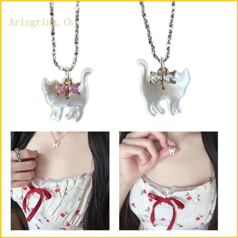 Arin สร ้ อยคอสัตว ์ ปรับได ้ Zircon Bowknot จี ้ แมว Choker Clavicle Chains