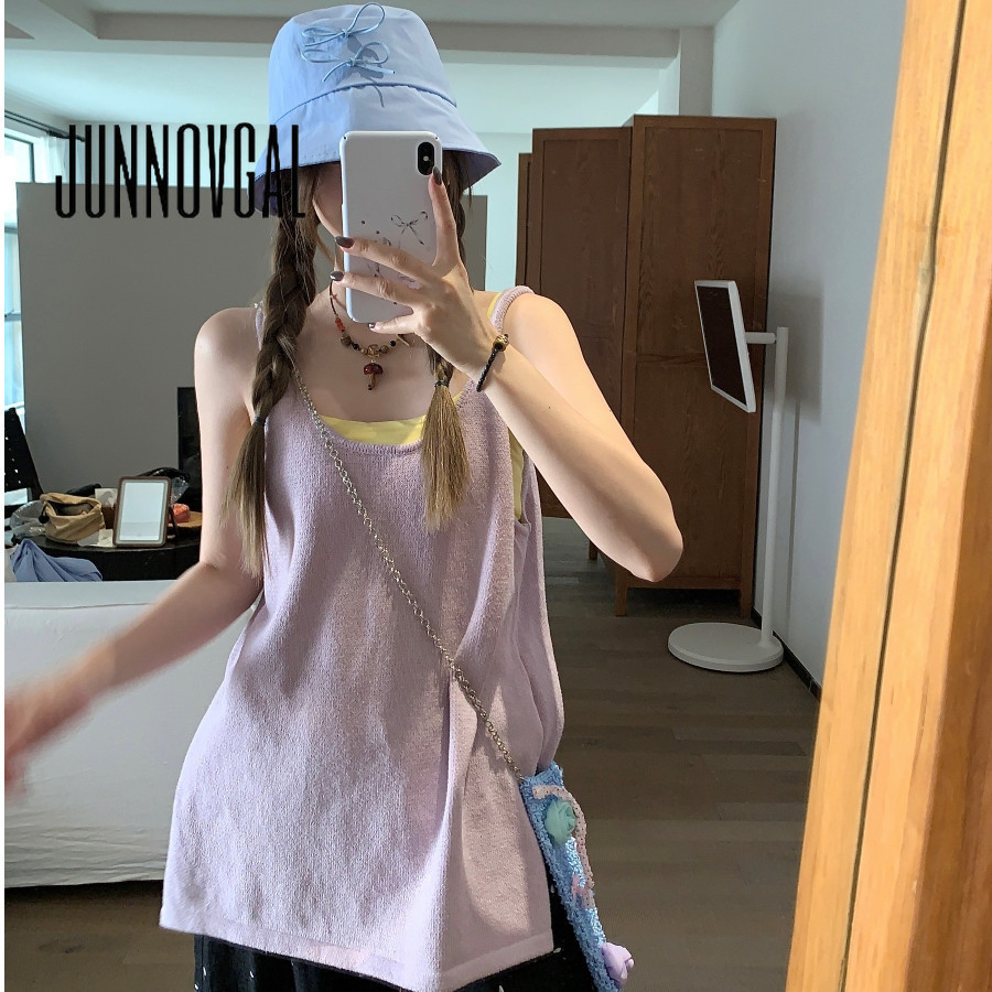 JUNNOVGAL เสื้อชั้นในสตรีผู้หญิงไม่สม่ําเสมอหลวม Fit Halter ถักสีทึบสไตล์ใหม่