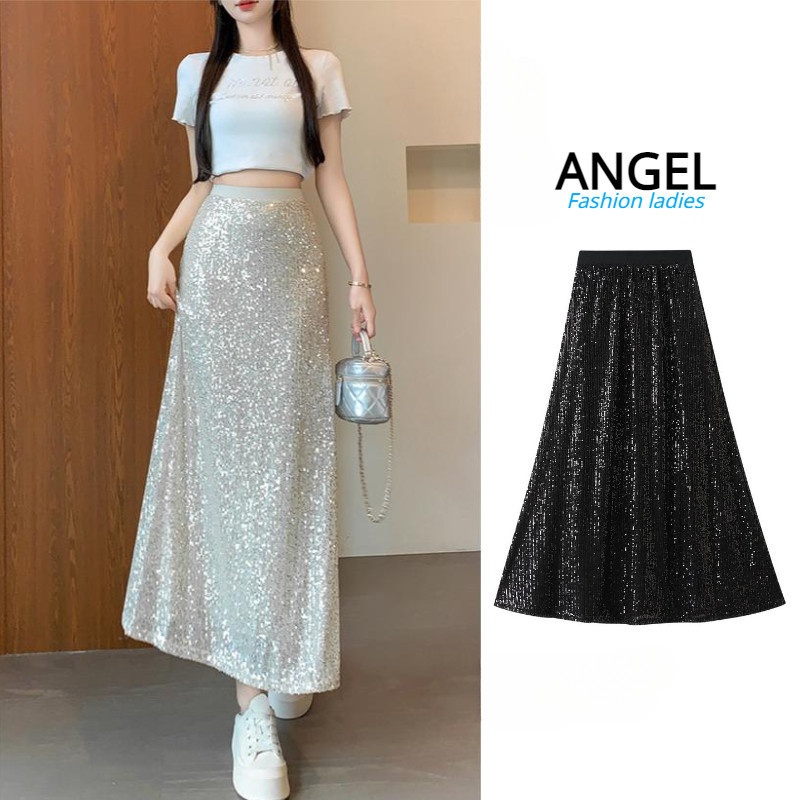 [3 สี]angel แฟชั่นผู้หญิง midi กระโปรง shinny สีทึบเกาหลียืดหยุ่นเอวสูง A-line สีดําบางขนาดใหญ่ swing Tutu Tulle กระโปรงยาว Fishtail กระโปรงสําหรับผู้หญิง