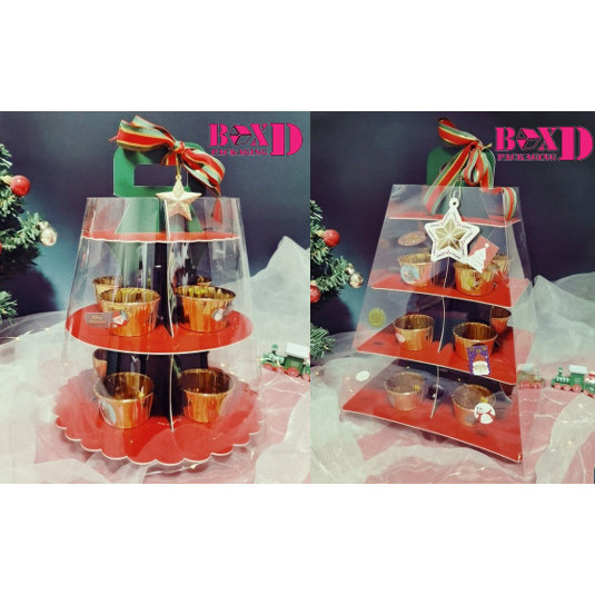 กล่องเค้กหูหิ้วPVCใส อาฟเตอร์นูนที ตีมคริสมาส เขียวแดง 3 ,4ชั้น(PVC50)