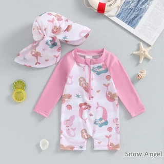 【ส่งจากไทย】​ชุดว่ายน้ําเด็กผู้หญิงชุด Sea Shell พิมพ์แขนยาว Rash Guard ชุดว่ายน้ําหมวกปีกกว้างหมวกกันแดดทารกเด็กวัยหัดเดิน Beachwear