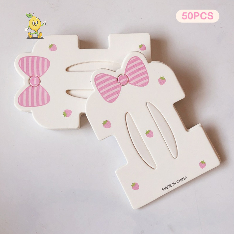 [mozh] 50pcs น่ารัก Bowknot สตรอเบอร์รี่ Dual Card ตําแหน่งกระดาษการ์ดสําหรับ DIY สาวอุปกรณ์เสริมผมจอแสดงผลบรรจุภัณฑ์การ์ดขายปลีกแท็ก [TH]