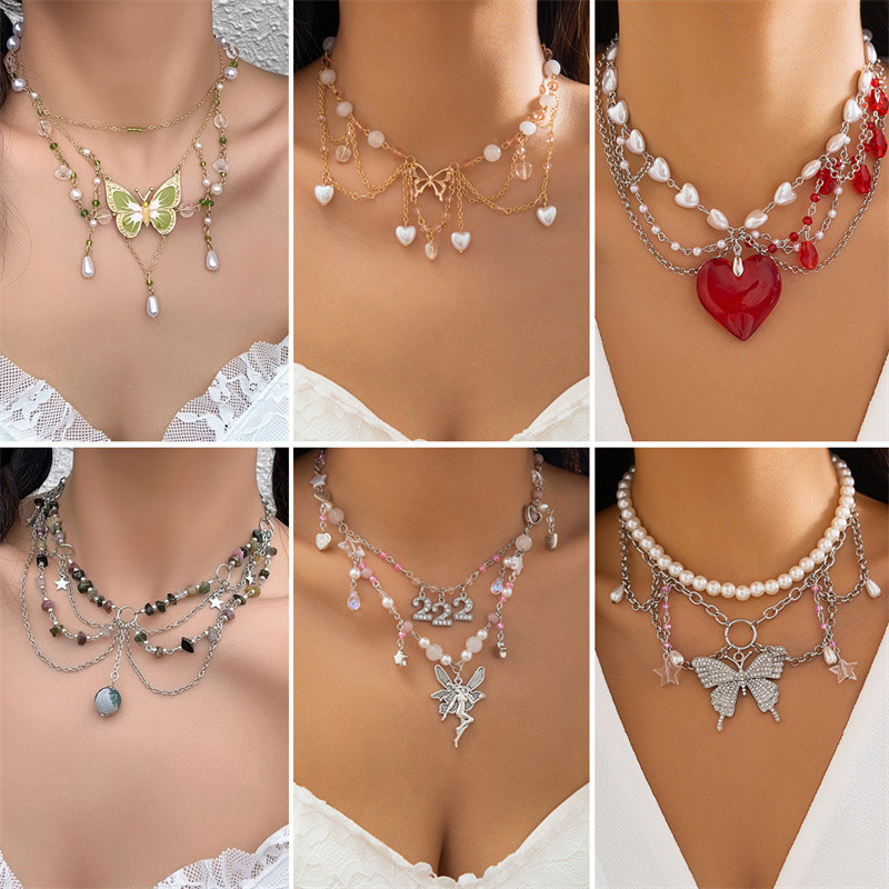 เครื ่ องประดับข ้ ามพรมแดนลูกปัดการออกแบบเฉพาะหวานและเย ็ น Y2K เค ้ นคอผีเสื ้ อสไตล ์ Qianxi สร ้