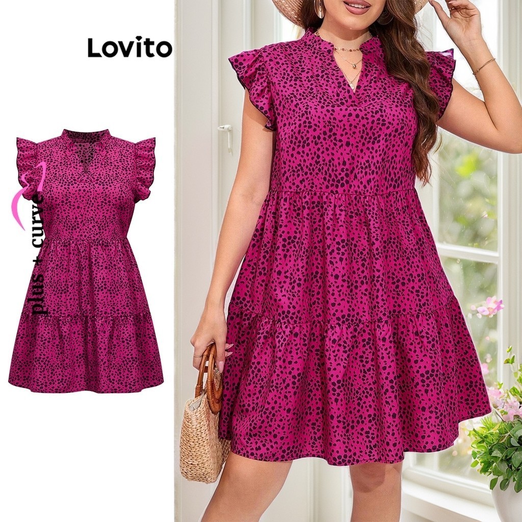 Lovito ชุดเดรสสาวอวบ เข้ารูป แต่งระบาย พิมพ์ลายจุด สไตล์โรแมนติก LBL09438