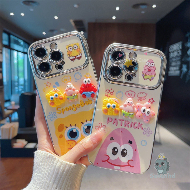 ปลอกสําหรับiphone 11 16 15 14 13 12 Pro Xs Max 7 8 6 6s Plusการ์ตูนน่ารักSpongeBobเคสโทรศัพท์ + 3D DIYตุ๊กตาหรูหราชุบคมชัดหน้าต่างกันกระแทกป้องกันปกหลัง