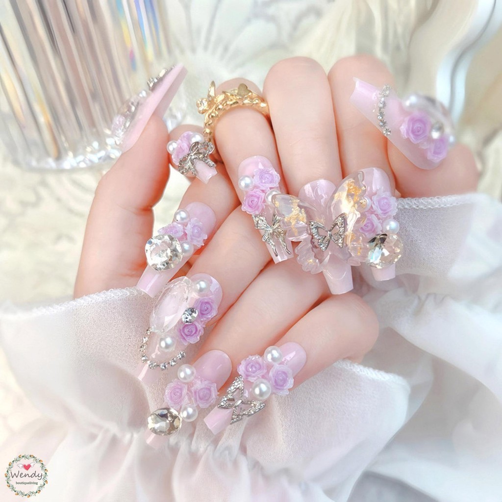 BLNAIL ล็บปลอม เล็บปลอมสีชมพูพร้อม Rhinestone Decor เล็บแตกธรรมชาติเรียบง่ายสวมใส่
