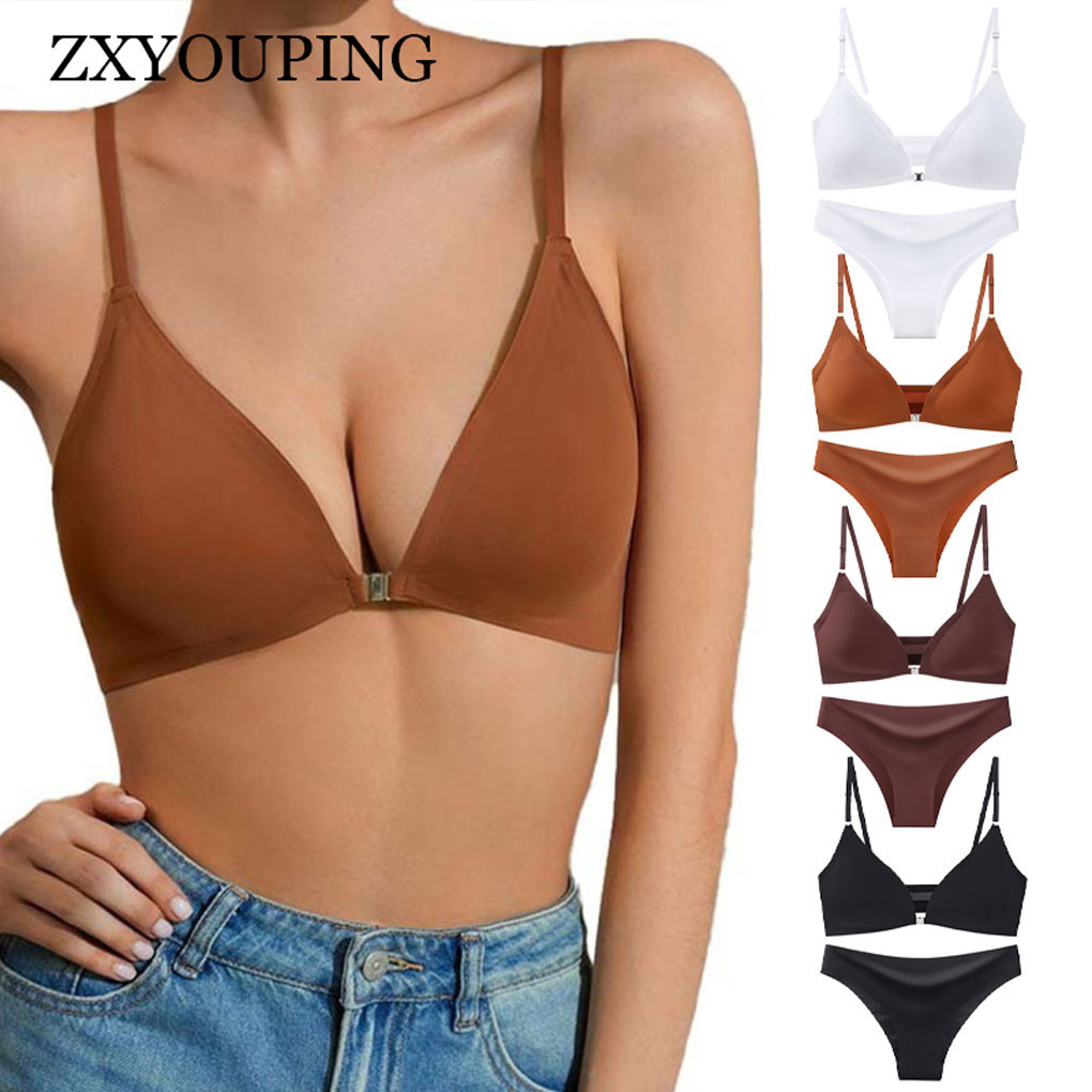 Zxyouping สีทึบผู้หญิงไม่มีรอยต่อ Bra สําหรับกางเกงชุดหน้าอกเล็กปุ่มด้านหน้าลึก V Push Up Bra และกางเกงเซ็กซี่ต่ําเอวผ้าไหมน้ําแข็ง Plus ขนาด Lingerier ไม่มีแหวนเหล็ก