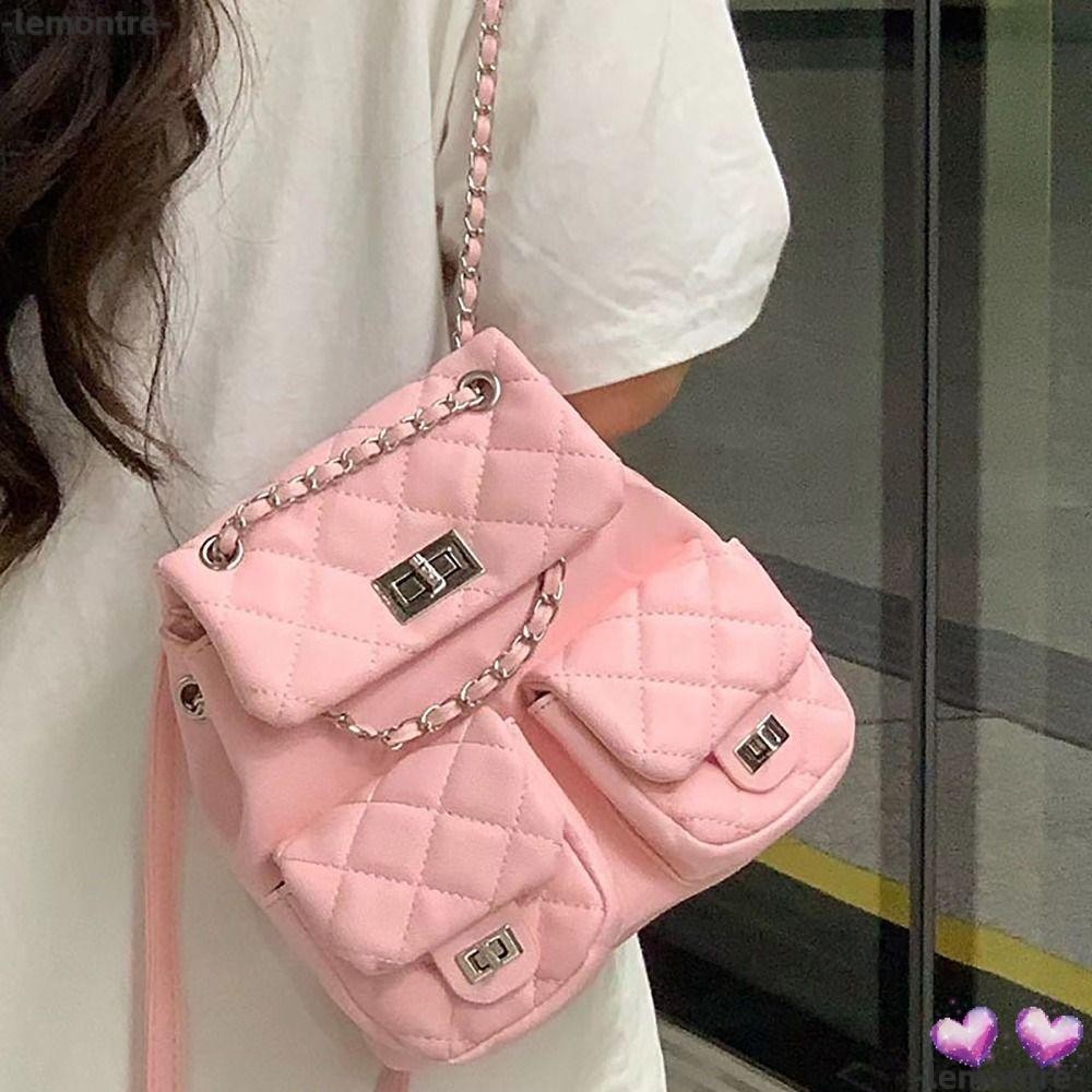 Lemontre กระเป๋าเป้สะพายหลัง กระเป๋าสะพายไหล่ หนัง PU แต่งสายโซ่ ขนาดใหญ่ จุของได้เยอะ เข้ากับทุกการแต่งกาย แฟชั่นสําหรับนักเรียนหญิง