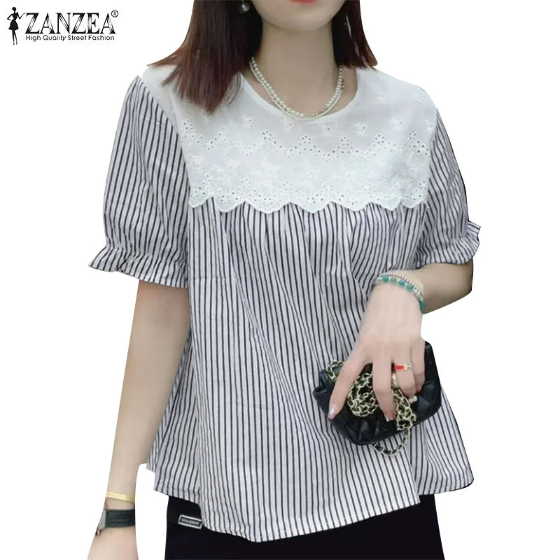 Zanzea ผู ้ หญิงแฟชั ่ นเกาหลีลายแขนสั ้ นพัฟลูกไม ้ เย ็ บเสื ้ อ