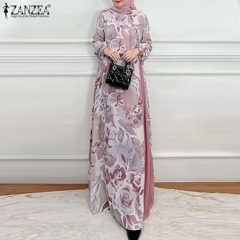 Zanzea ผู ้ หญิงมุสลิมลําลองคอกลมพิมพ ์ ลายดอกไม ้ แขนยาวปุ ่ มตกแต ่ งชุดหลวม