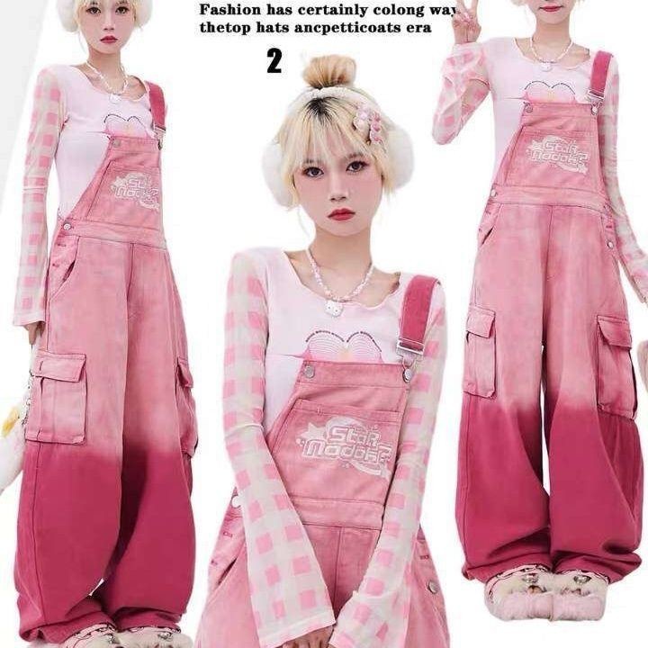 Autumn Straight Pants Design Rayohopp Letter Dopamine Gradient American Embroidered Suspender Pants Women's Retro HK9G