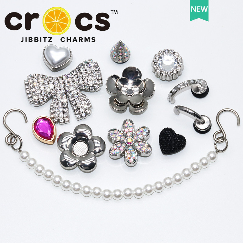 โลหะ jibbitz crocs charm หัวเข็มขัดรองเท้าอุปกรณ์เสริมโลหะ DIY Pearl Chain Silver Diamond ตกแต่งหัวเข็มขัด