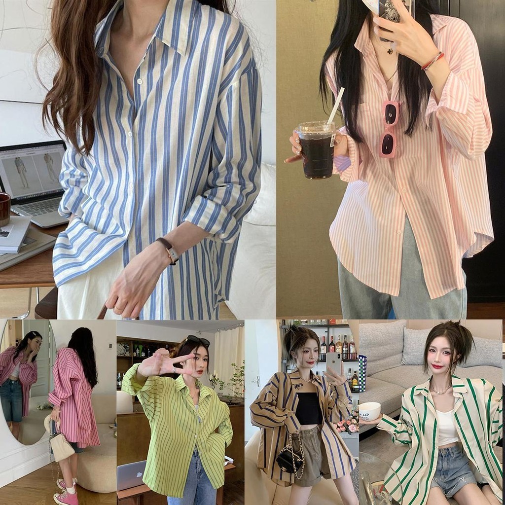 MIMI&DIDI#เสื้อเชิ้ตลายทาง เสื้อแฟชั่นผู้หญิง แขนยาว ปก POLO สีฟ้า ทรงสวย แฟชั่นเกาหลี ชุดทำงาน#W390