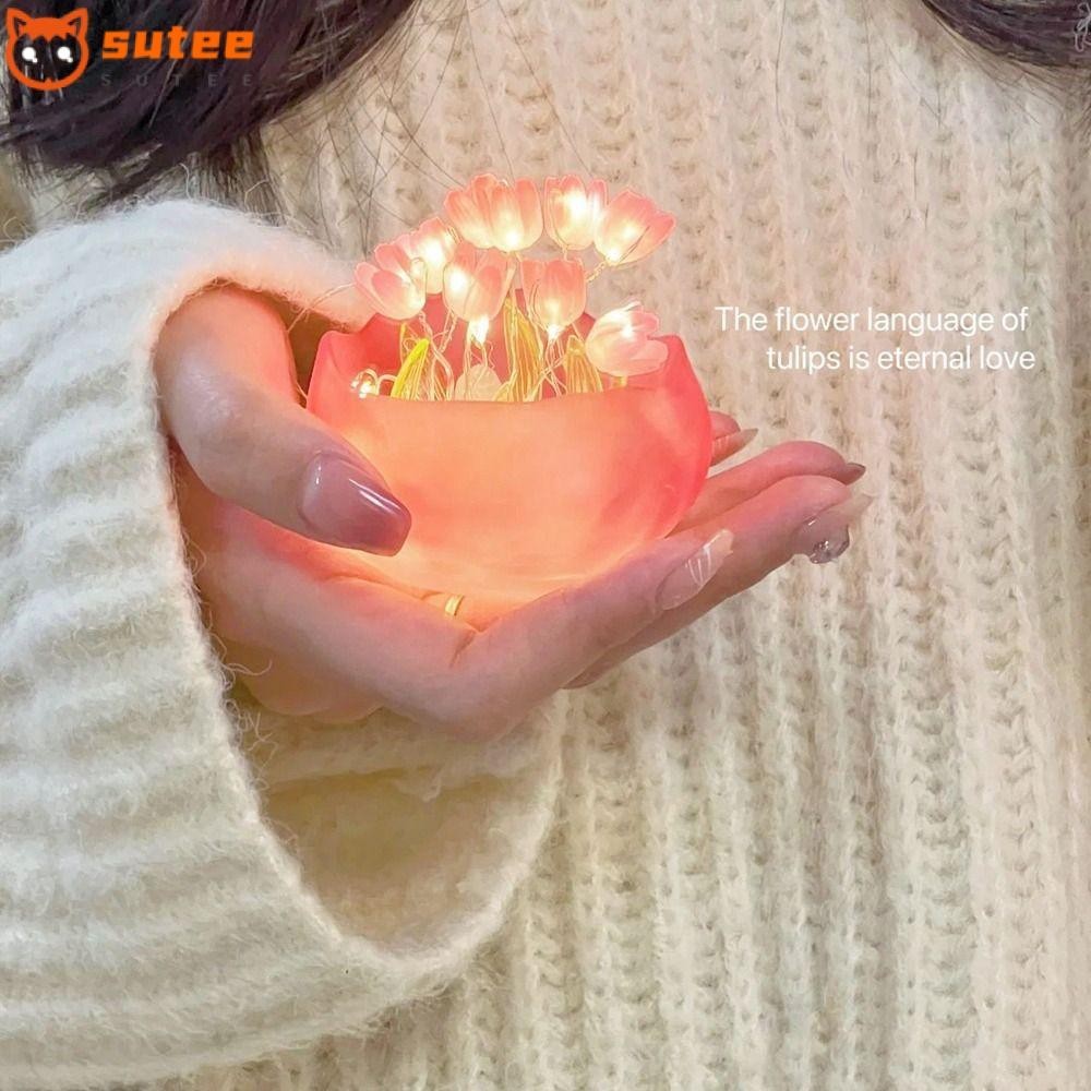 Sutee จําลองทิวลิป Night Light, LED Nightlight DIY วัสดุแพคเกจฟักทองถ้วยทิวลิปดอกไม้ตารางโคมไฟ,แฟชั่น Handmade งานแต่งงานครบรอบบ้านเครื่องประดับไฟข้างเตียง