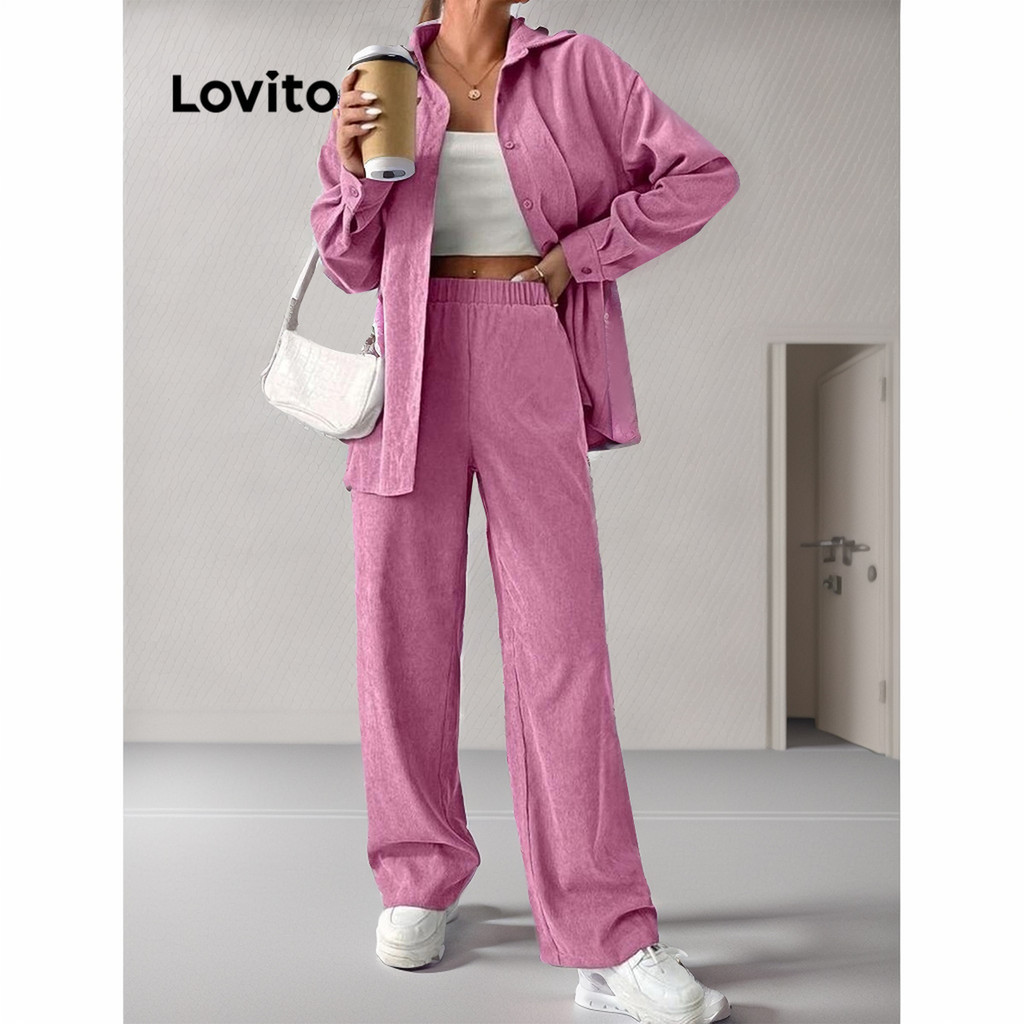Lovito ชุดเซ็ทกางเกง พร้อมเสื้อ มีกระดุม สีพื้น สไตล์ลำลอง LNL52014