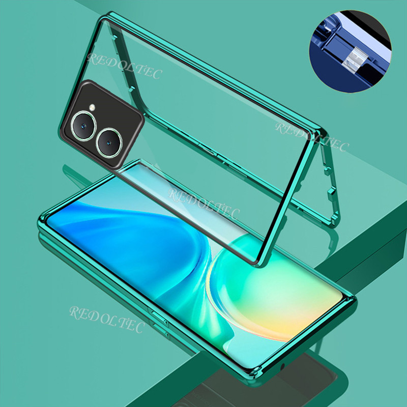 สําหรับ VIVO Y03 Y18 Y28S 5G ปลอก 360 ป้องกันเลนส์แม่เหล็กโลหะกรณี VIVOY03 Y 03 VIVOY18 Y 18 Y28 S สองด้านด้านหน้ากลับกระจก Full Body ฝาครอบโทรศัพท์พร้อมล็อคหัวเข็มขัด