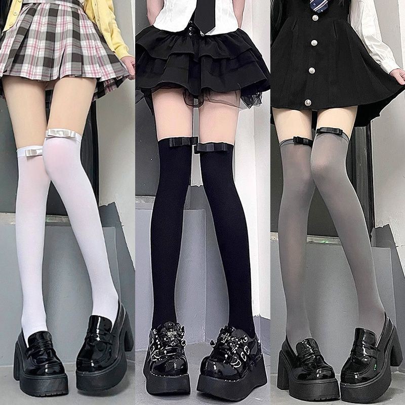 Jk Bow ถุงเท้าเข่ากํามะหยี่สีขาว Pure Desire บางถุงน่องต้นขายาว Ins ถุงเท้าเข่ายาวอินเทรนด์