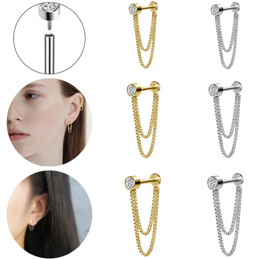 1 PC สแตนเลสสตีลต่างหูเจาะ 18G/16G Push-in Ear Stud คริสตัล Chain Dangle ต่างหู 6/8/10 มม. Helix Conch กระดูกอ่อนเจาะต่างหูผู้หญิง Silver Gold