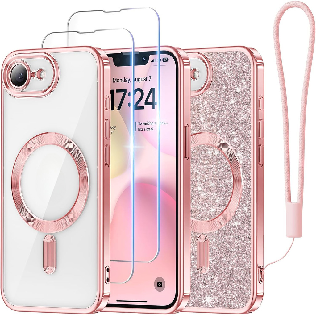 ออกแบบมาสําหรับ iPhone 16E เคสแม่เหล็ก 6.1", [การ์ดกลิตเตอร์และสายรัดข้อมือ] [ตัวป้องกันหน้าจอ 1 ชิ้