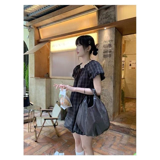 Xiaosao ชุดเดรสแขนพองลายดอกตูมสไตล์ใหม่สำหรับผู้หญิงฤดูร้อนลายสก๊อตหูไม้กระโปรงแขนสั้นสำหรับคนตัวเล็ก