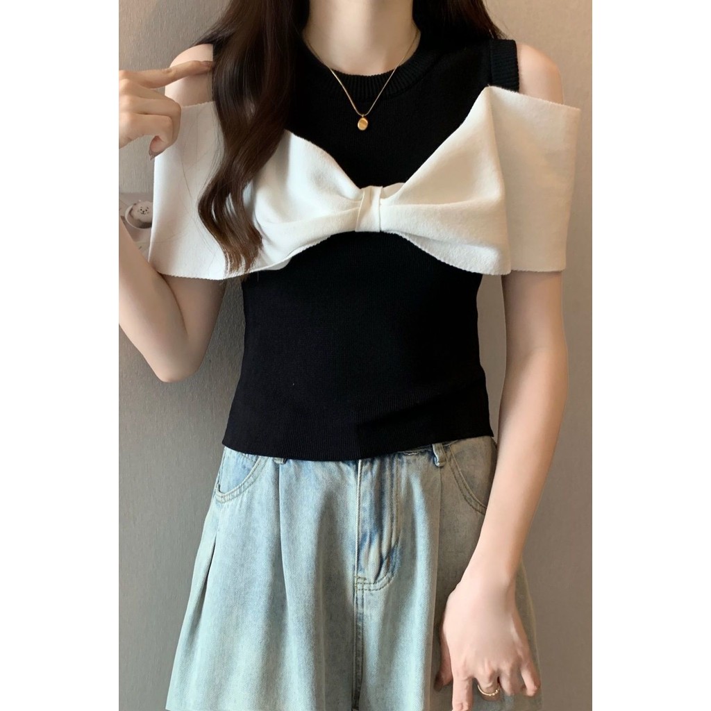 สไตล์ฝรั่งเศสคมชัดสีโบว์ปิดไหล่เสื้อกันหนาวผู้หญิงฤดูร้อนสไตล์ใหม่สไตล์ Chanel High-End Slimmer ดูเส