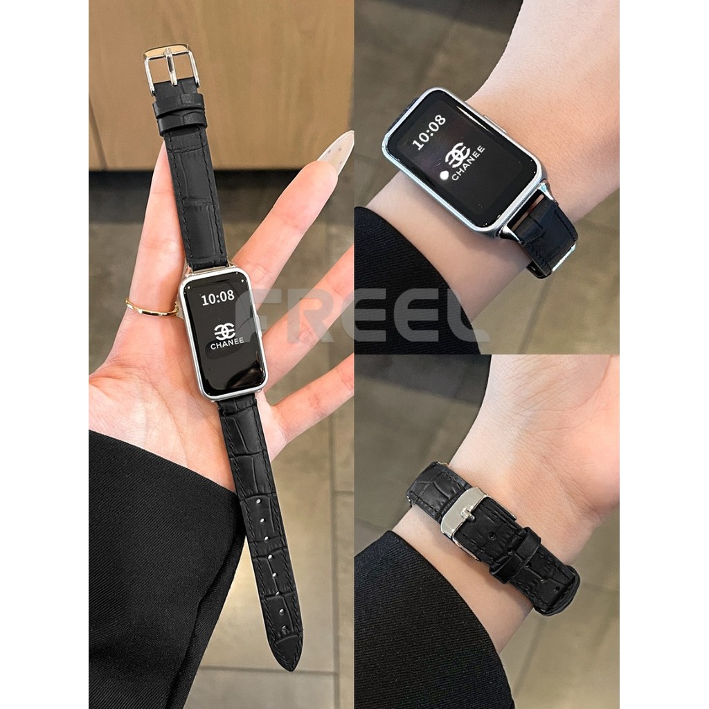 สายหนังวัวแท้สําหรับ HUAWEI Band 10 9 8 NFC HW นาฬิกา Fit3 Fit2 ไม้ไผ่รูปแบบจระเข้ออกแบบผู้ชายผู้หญิงสมาร์ทนาฬิกา Watchband