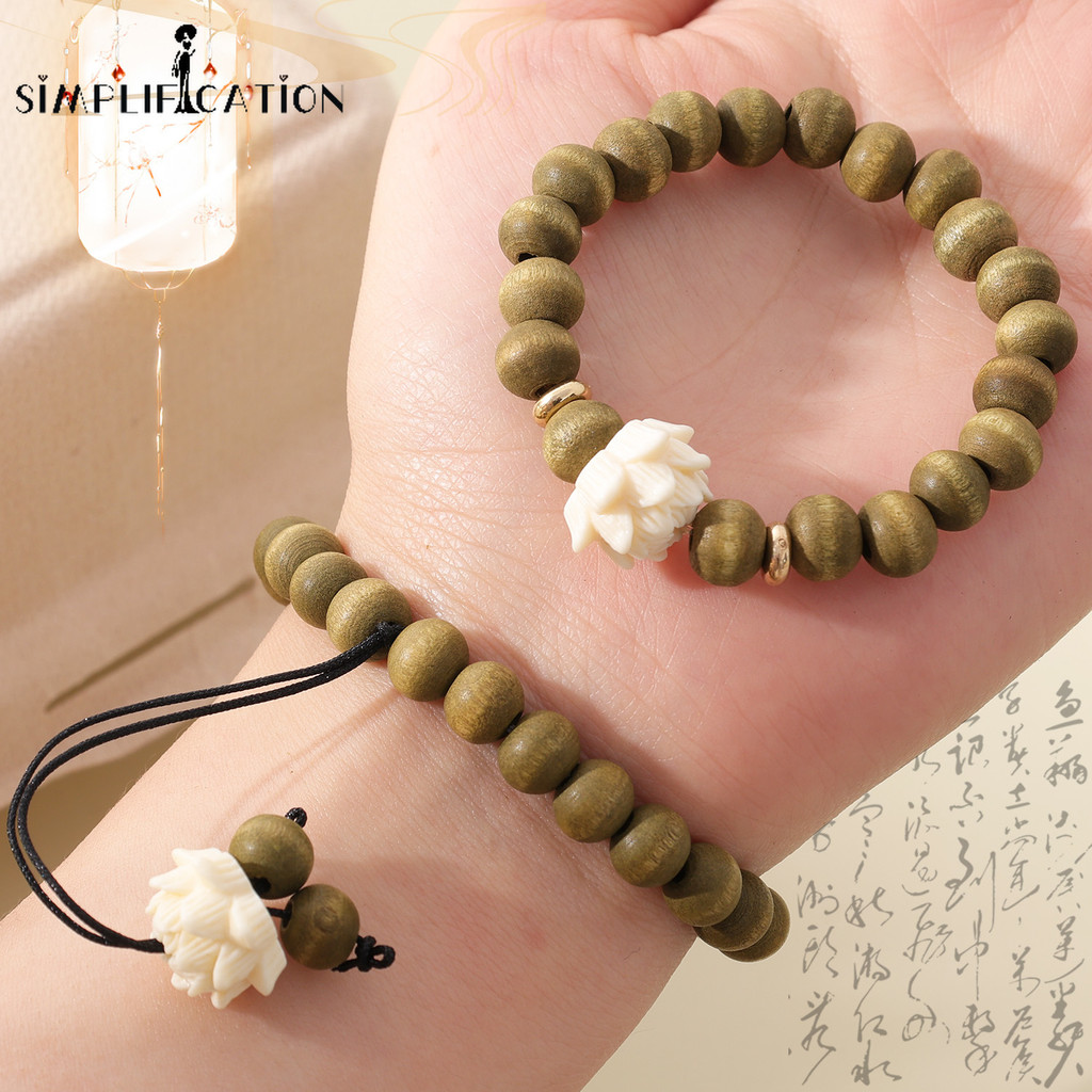 สร้อยข้อมือดอกบัวลูกปัดไม้จันทน์สีเขียวเลียนแบบ - หรูหราเซนแรงบันดาลใจจี้ดอกบัวเชือกมือ - อุปกรณ์เสริมเครื่องประดับ Bestie