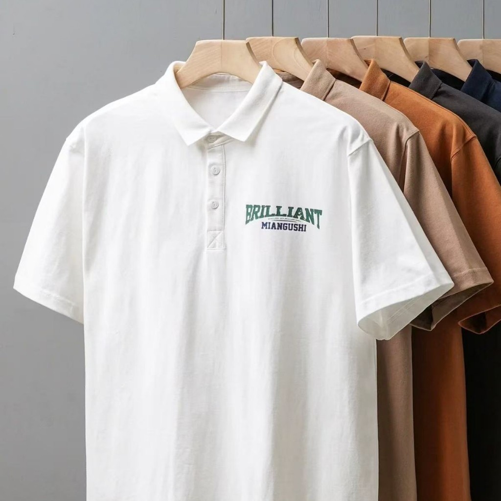 ProMan เสื้อยืดผู้ชายพิมพ์ลายระดับไฮเอนด์  แขนสั้นคอปก  เรียบง่าย  ลำลอง  แบบหลวม
