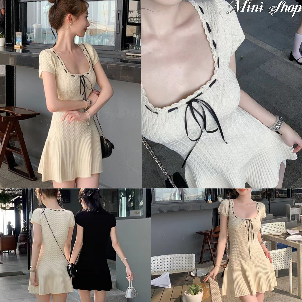 Mini shop🌸พร้อมส่ง🌸 (03038) ชุดมินิเดรสไหมพรม แขนสั้น ลายเปียกระโปรงผ้าร่อง -C