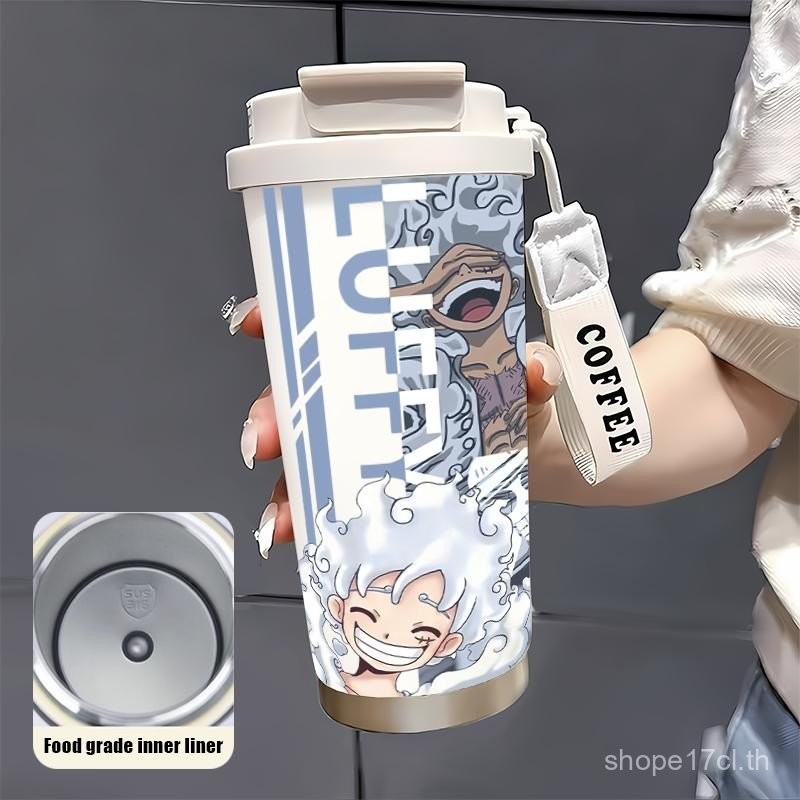 แก้วกาแฟดีไซน์ยิ้มลูฟี่ แก้วกาแฟ 530ML ทนความเย็น ความจุขนาดใหญ่ ขวดน้ําเย็นพร้อมสายรัด เกรดอาหาร 316 แก้วเก็บความเย็น AWXM